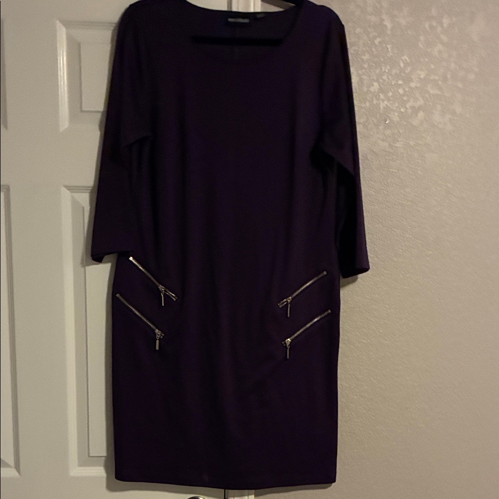 Nina Leonard Deep Purple Long Sleeve Dress with Zipper Accents